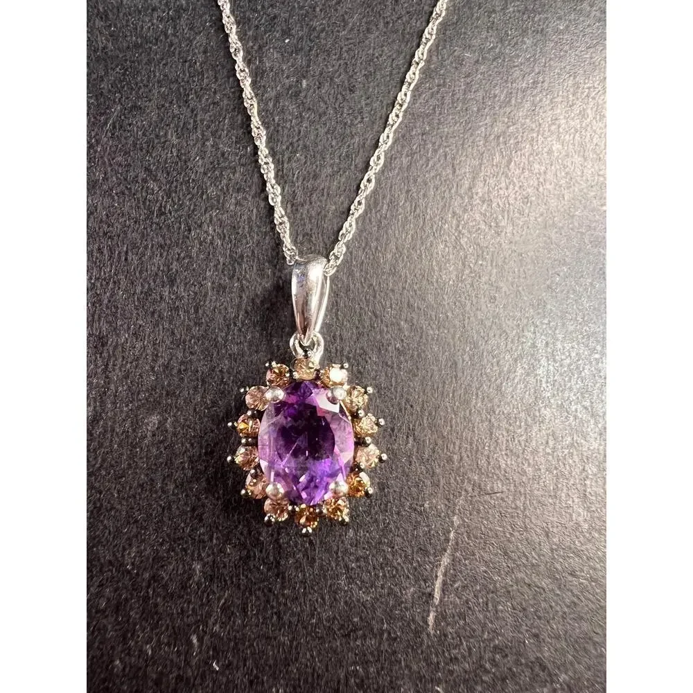 NEW amethyst and brown zircon halo pendant in sterling silver with vintage chain